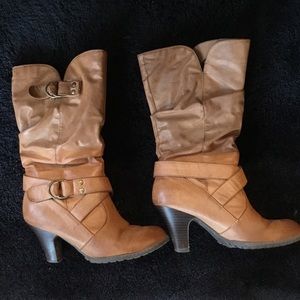 Tan mid calf slip on heeled boots